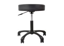Tabouret noir avec poignée pour régler la hauteur . Le siège possède un dispositif à 360° et 5 roues. 